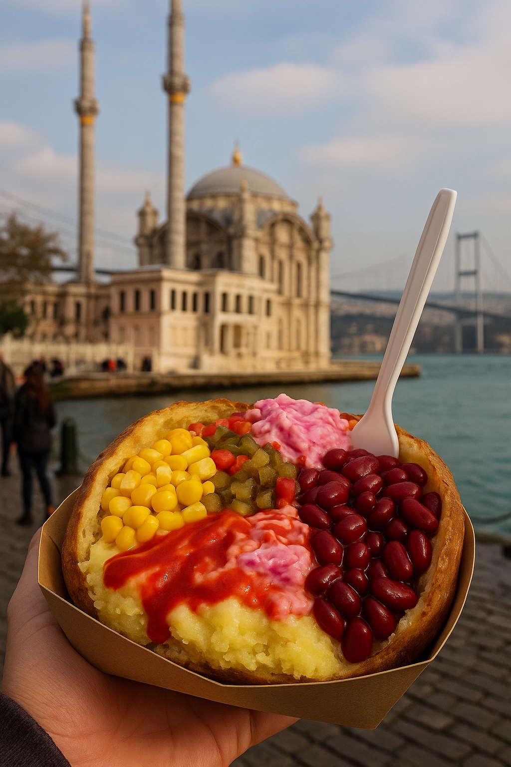 Creative vegetarian kumpir with colorful toppings